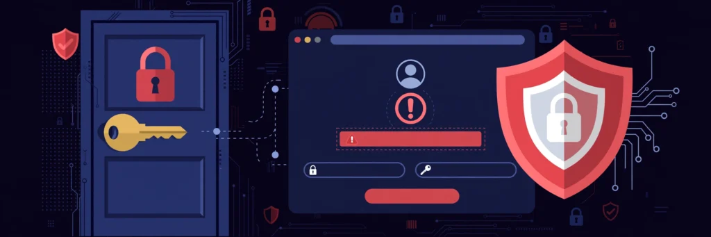 Locked door with key and browser login screen showing authentication error