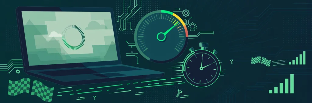 Slow loading hero image on laptop with LCP speed gauge, Core Web Vitals concept