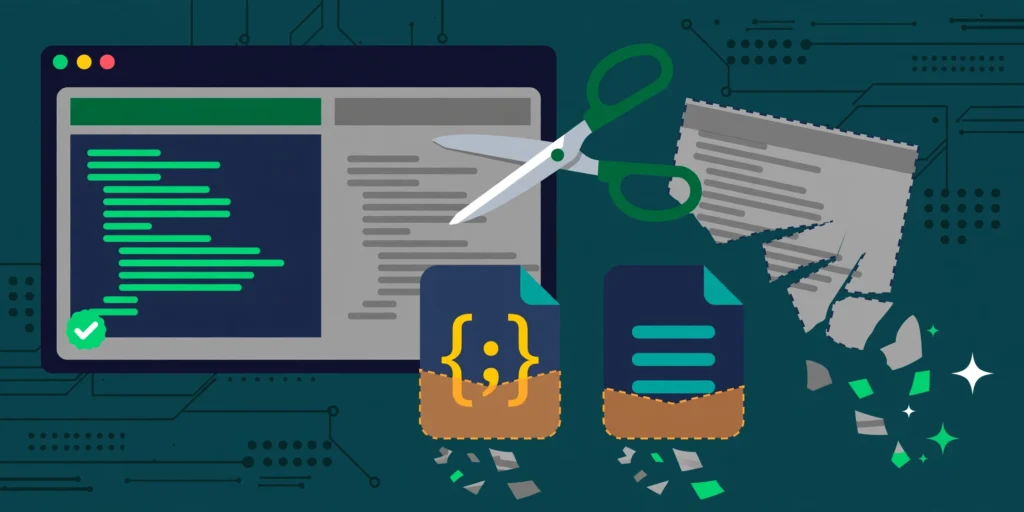 Scissors cutting dead code from web page, unused JavaScript CSS cleanup concept